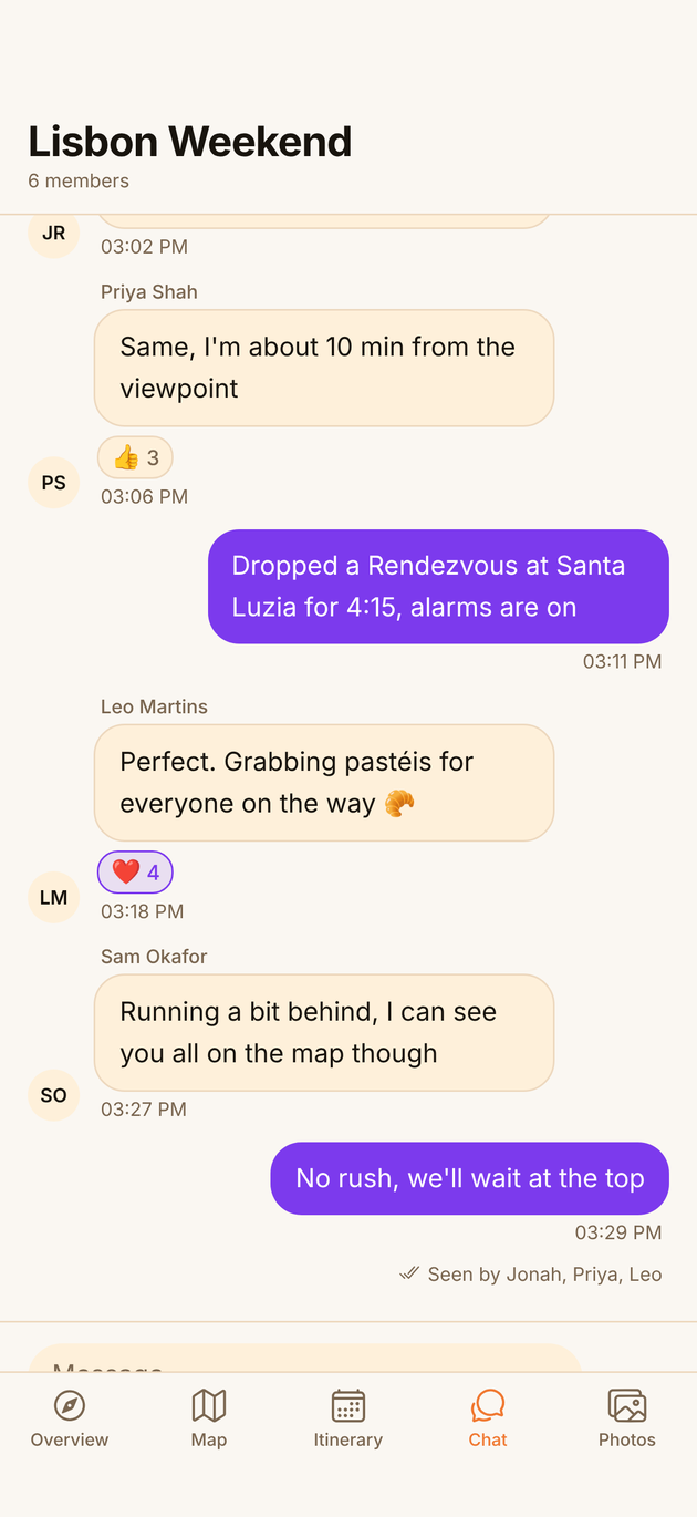 Caravan group chat with reactions and read receipts