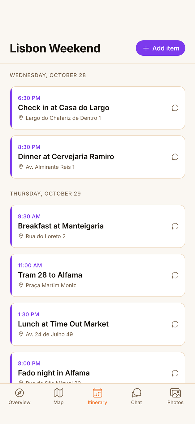 Caravan itinerary with the trip's plans by day