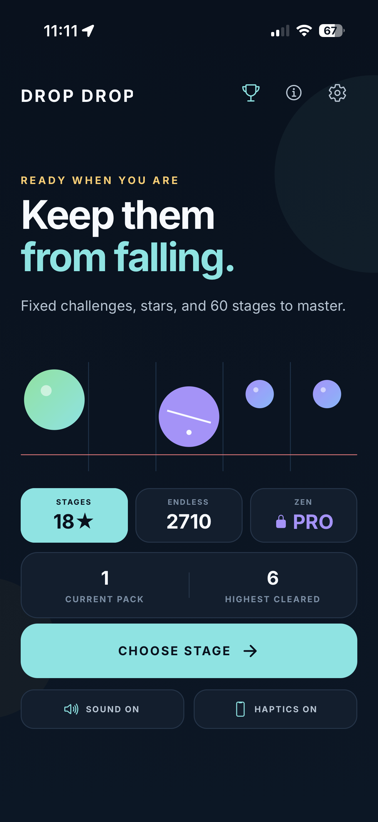 Drop Drop home screen with Stages, Endless, and Zen modes