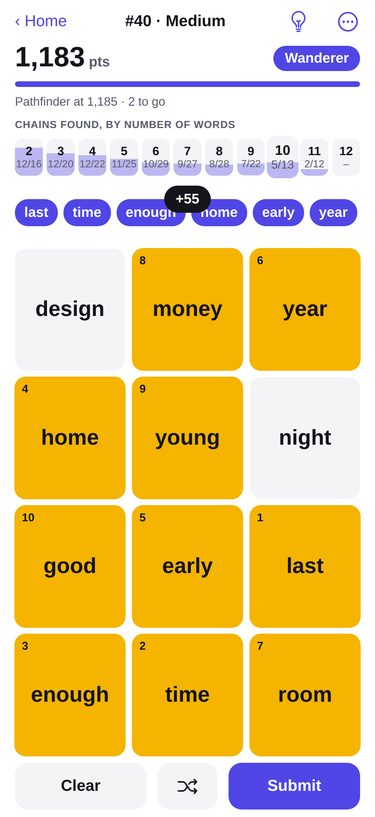 Last Word puzzle grid with a ten-word chain scoring