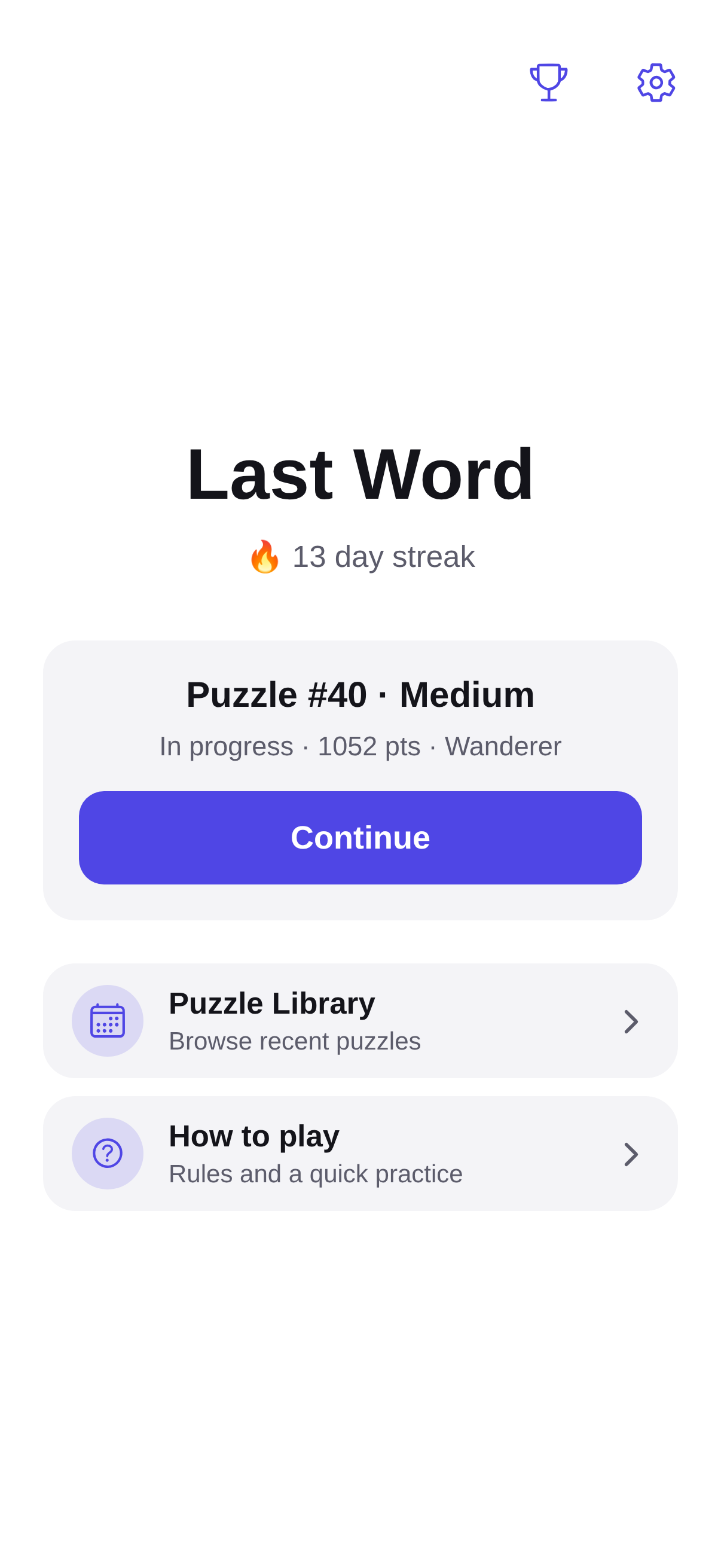 Last Word home screen with today's puzzle and a 13-day streak